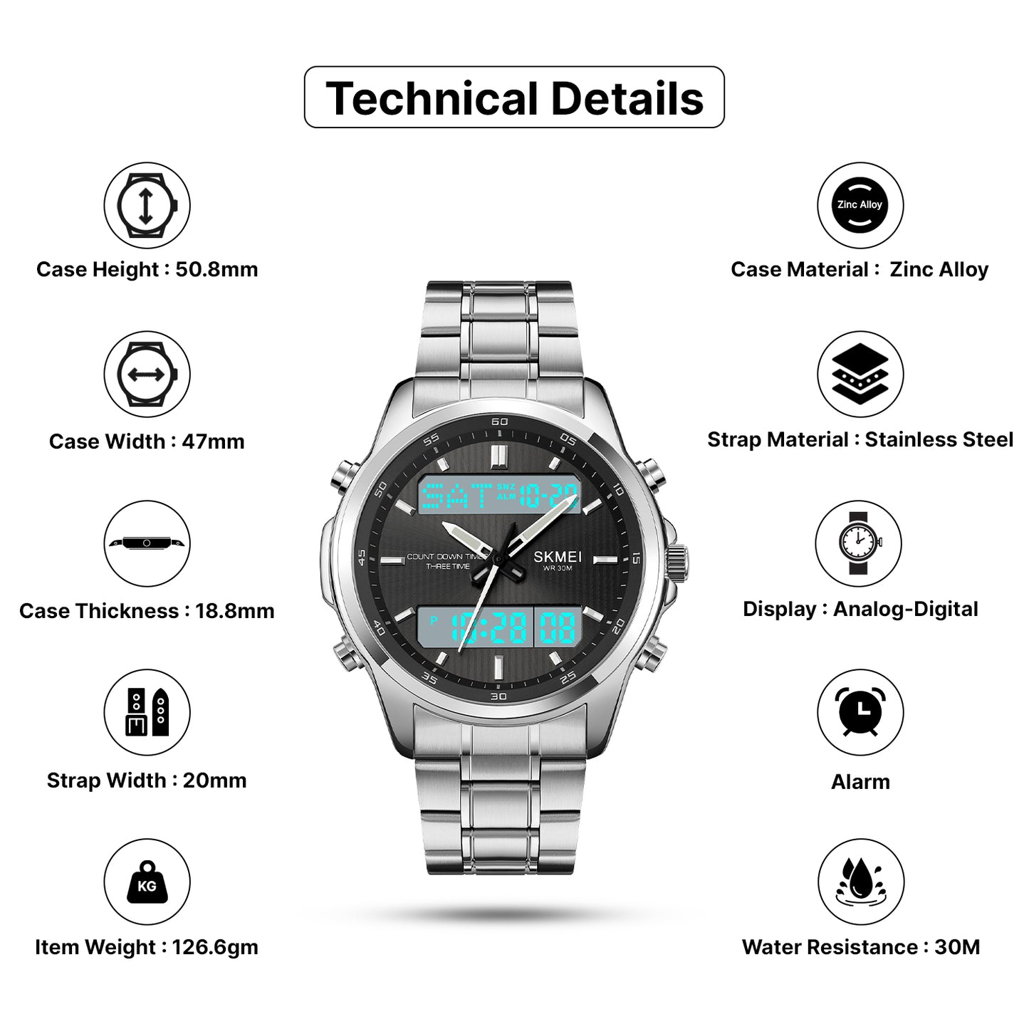 Skmei Analog-Digital Analog Dial Stainless Steel Strap Watch for Men - 2049