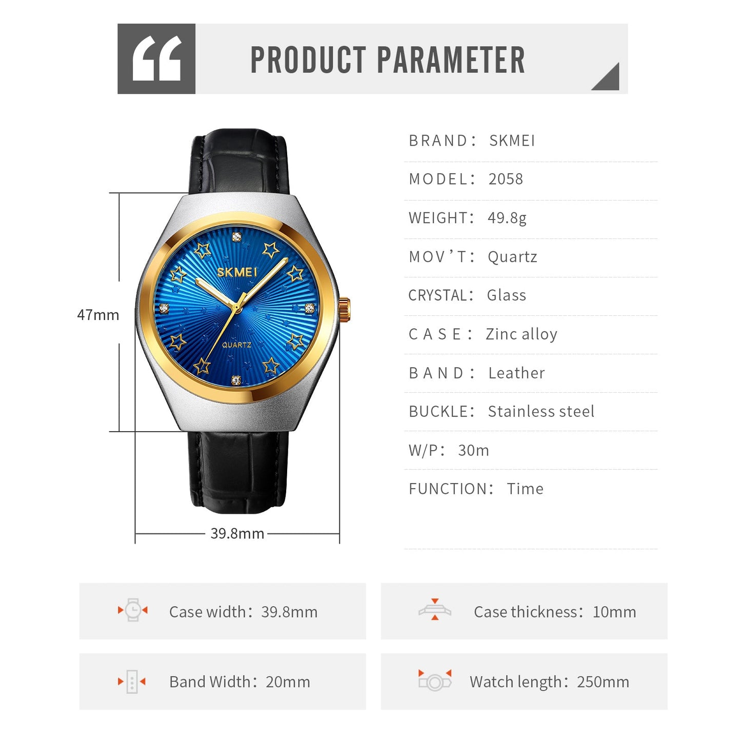 SKMEI Luxury Black Blue Wrist Watch - 2058