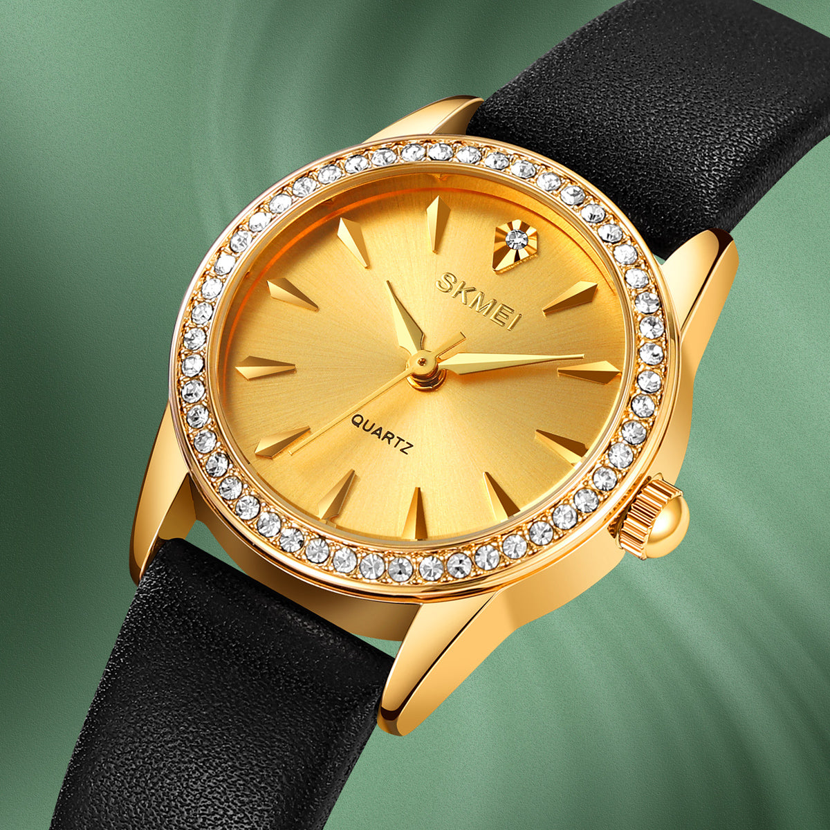 Women's Quartz Watch with Rhinestone Bezel - 2086