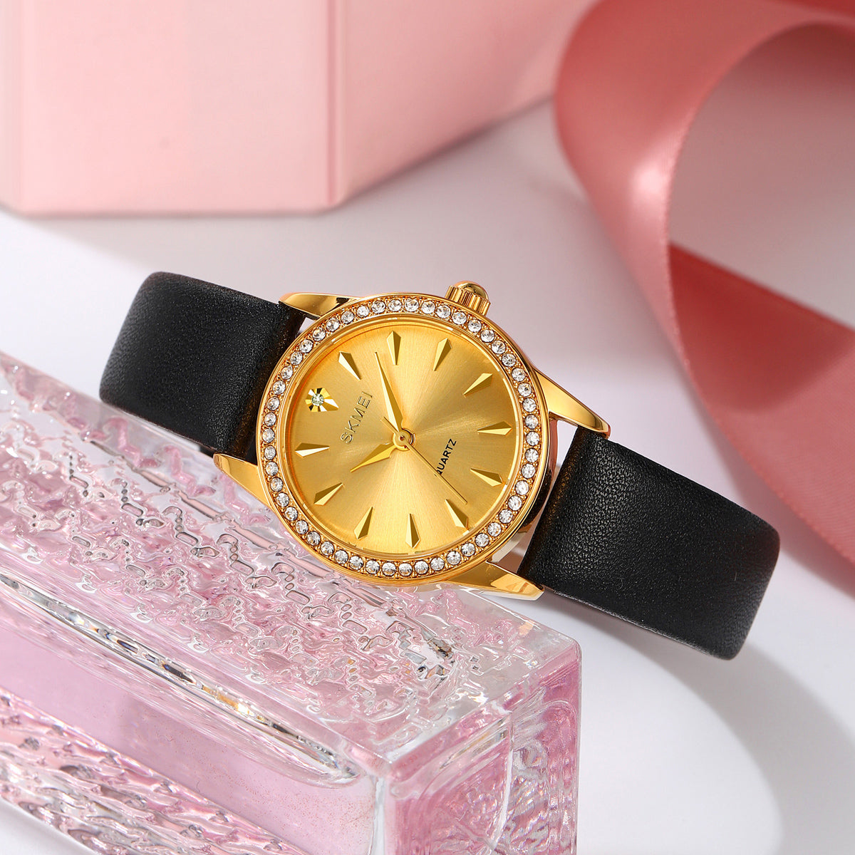 Women's Quartz Watch with Rhinestone Bezel - 2086