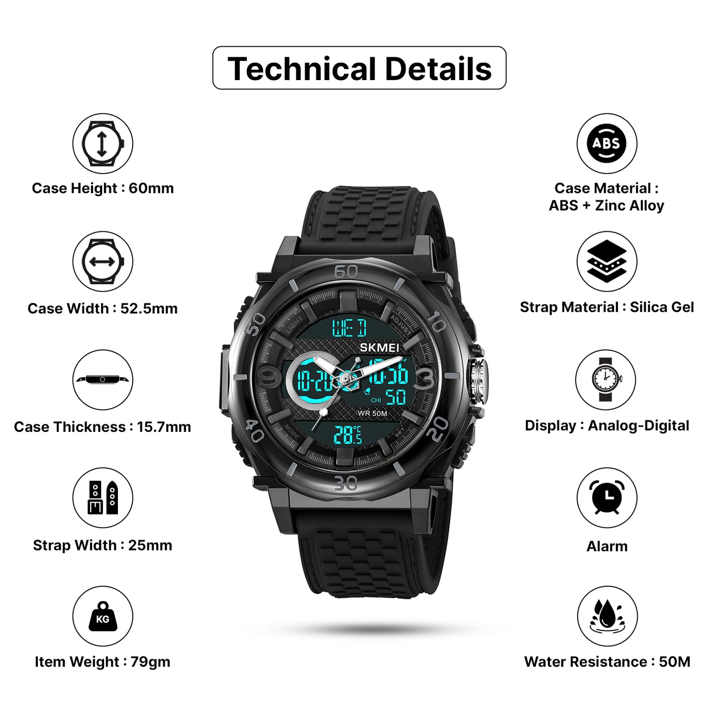 Skmei Digital Dial Silica Gel Strap Watch for Men - 2098