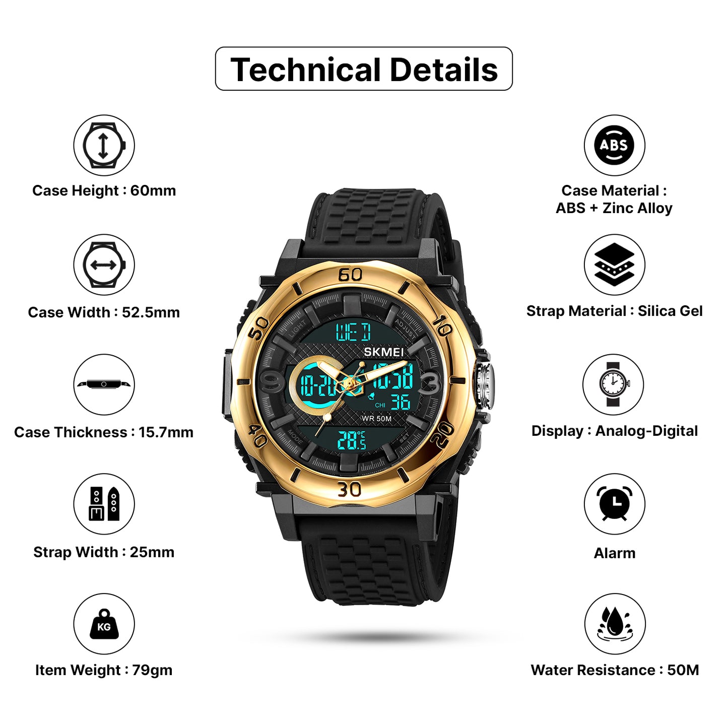 Skmei Digital Dial Silica Gel Strap Watch for Men - 2098