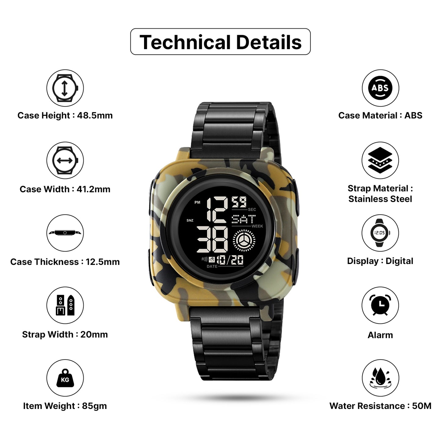 Skmei Digital Camo Dial Stainless Steel Strap Watch for Men - 2131