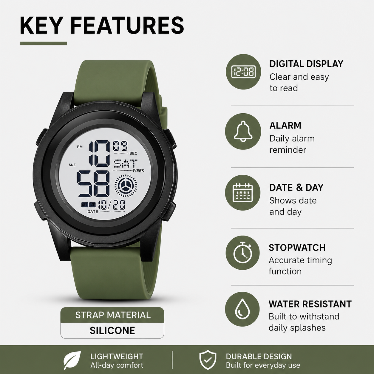 Rugged Digital Sports Wristwatch with Flexible Strap for men