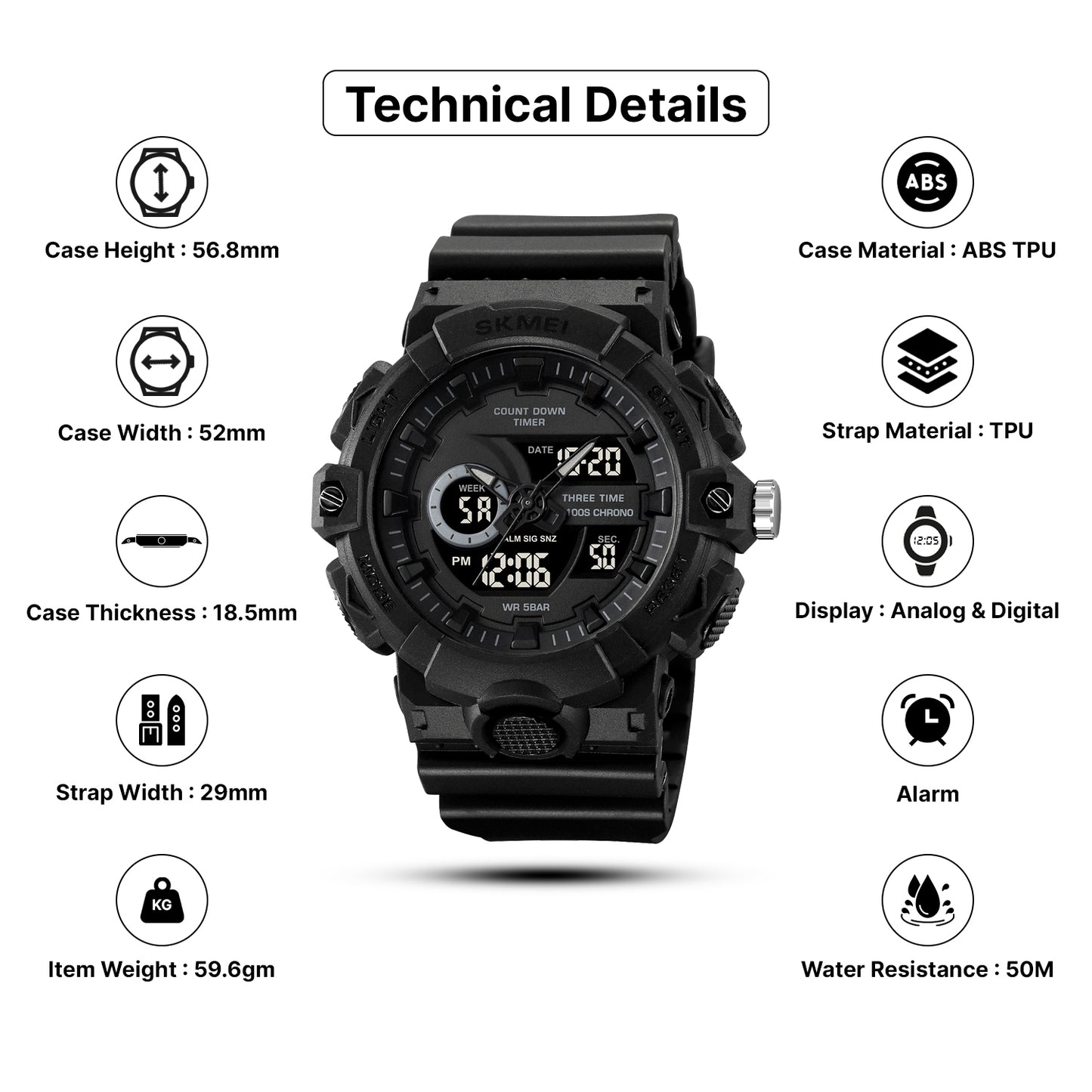 Skmei  Analog-Digital Dial TPU Strap Watch for Men - 2225