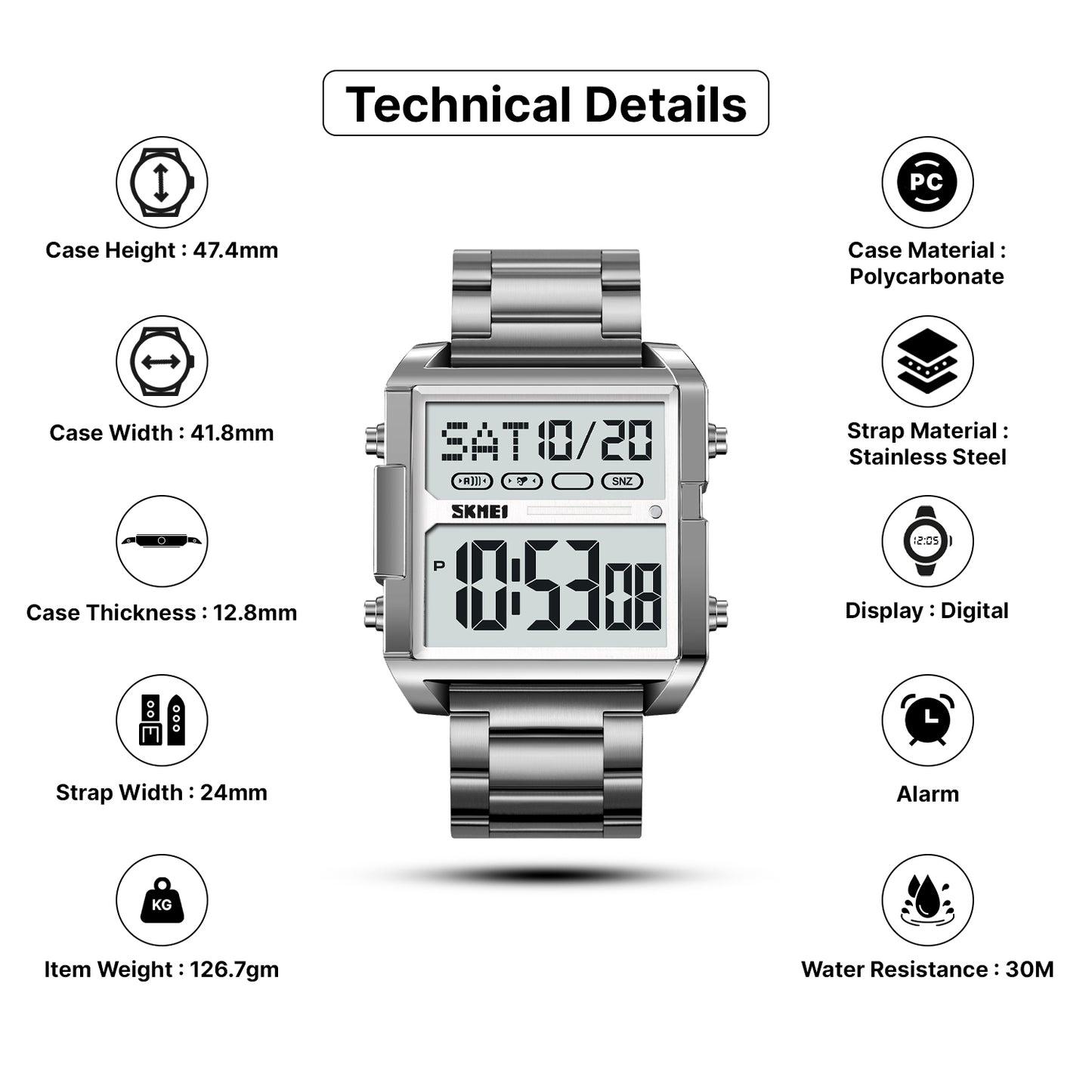 Skmei Digital Dial Stainless Steel Strap Watch for Men - 2299