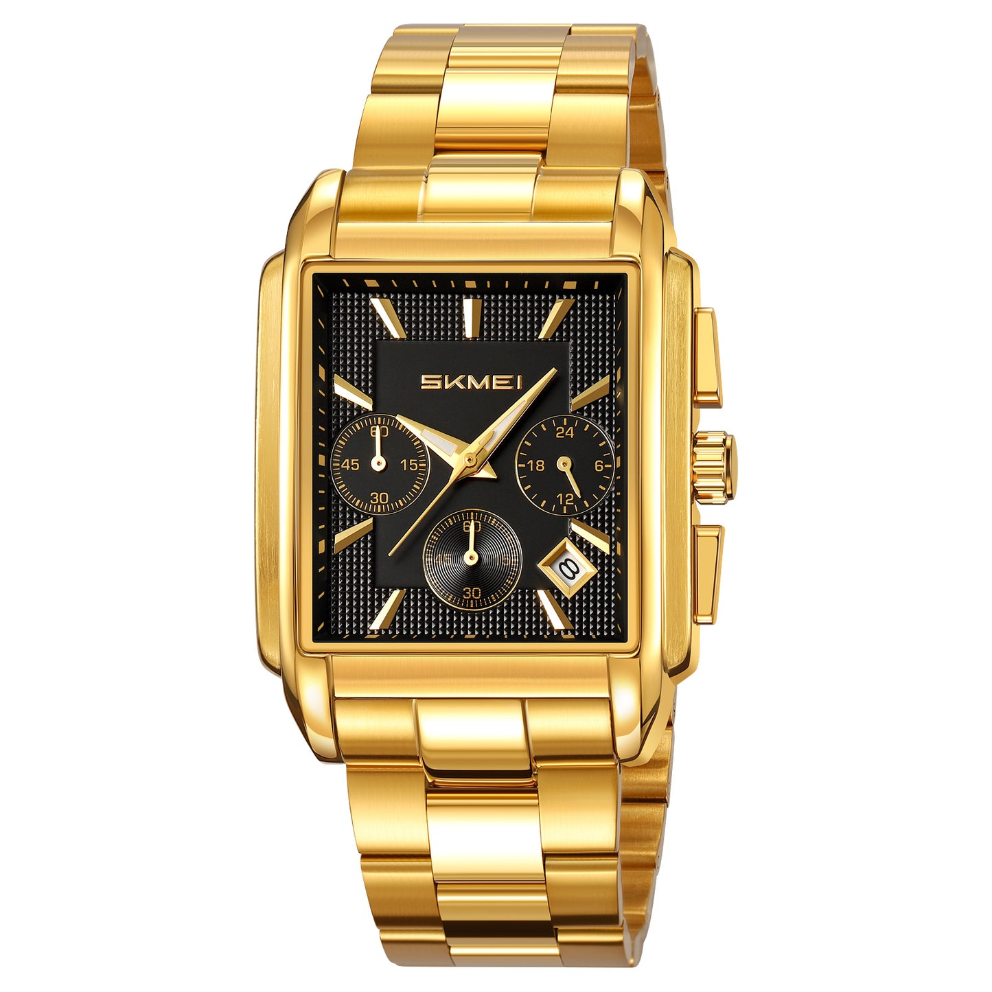 Classic Rectangular Analog Wrist Watch with Date Display and Metal Strap for men