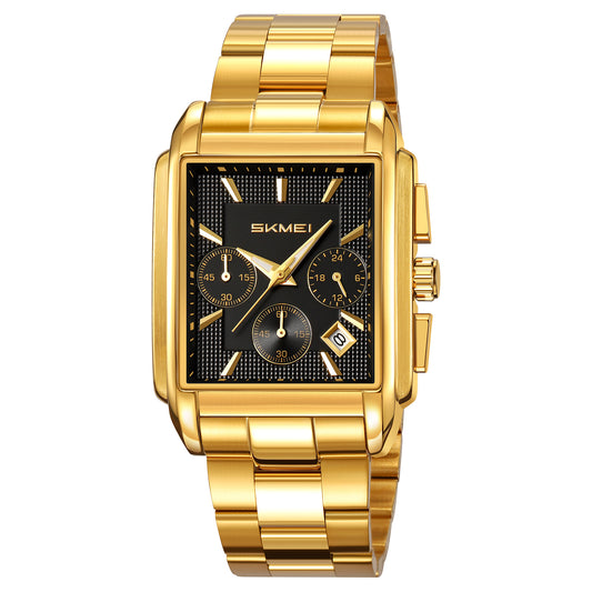Classic Rectangular Analog Wrist Watch with Date Display and Metal Strap for men