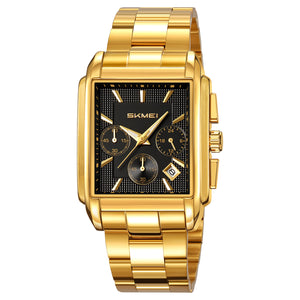 Classic Rectangular Analog Wrist Watch with Date Display and Metal Strap for men
