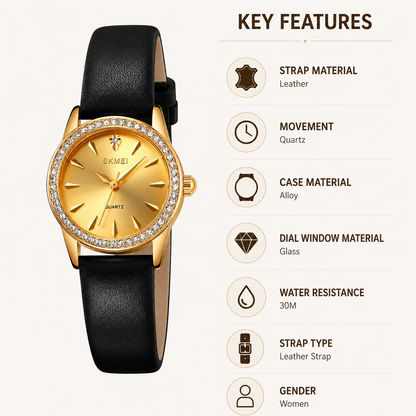 Elegant Crystal Dial Analog Wrist Watch with Leather Strap for women