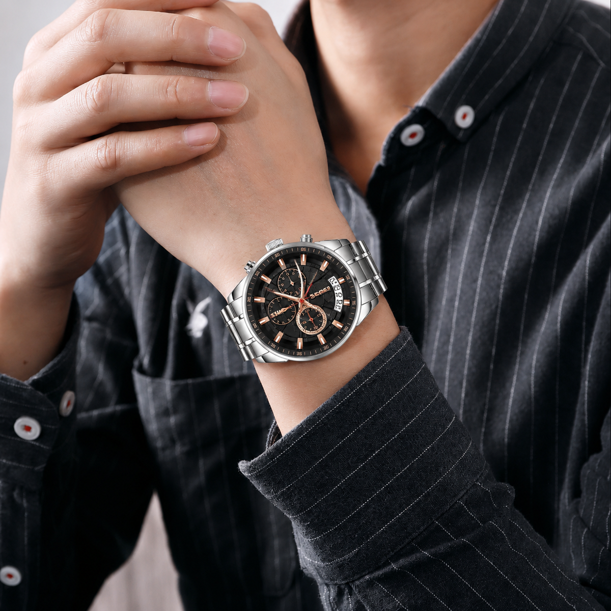 Analog-Digital Watch for Men with Silver Black Metal Strap and Round Dial for Casual & Formal Wear