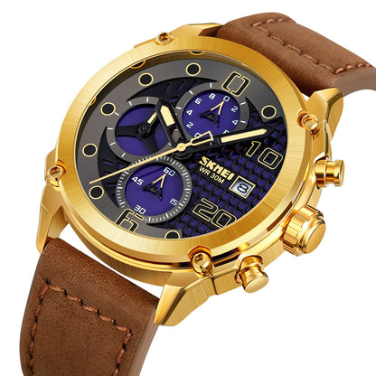 Premium Leather Chronograph Wristwatch with Textured Multi-Dial