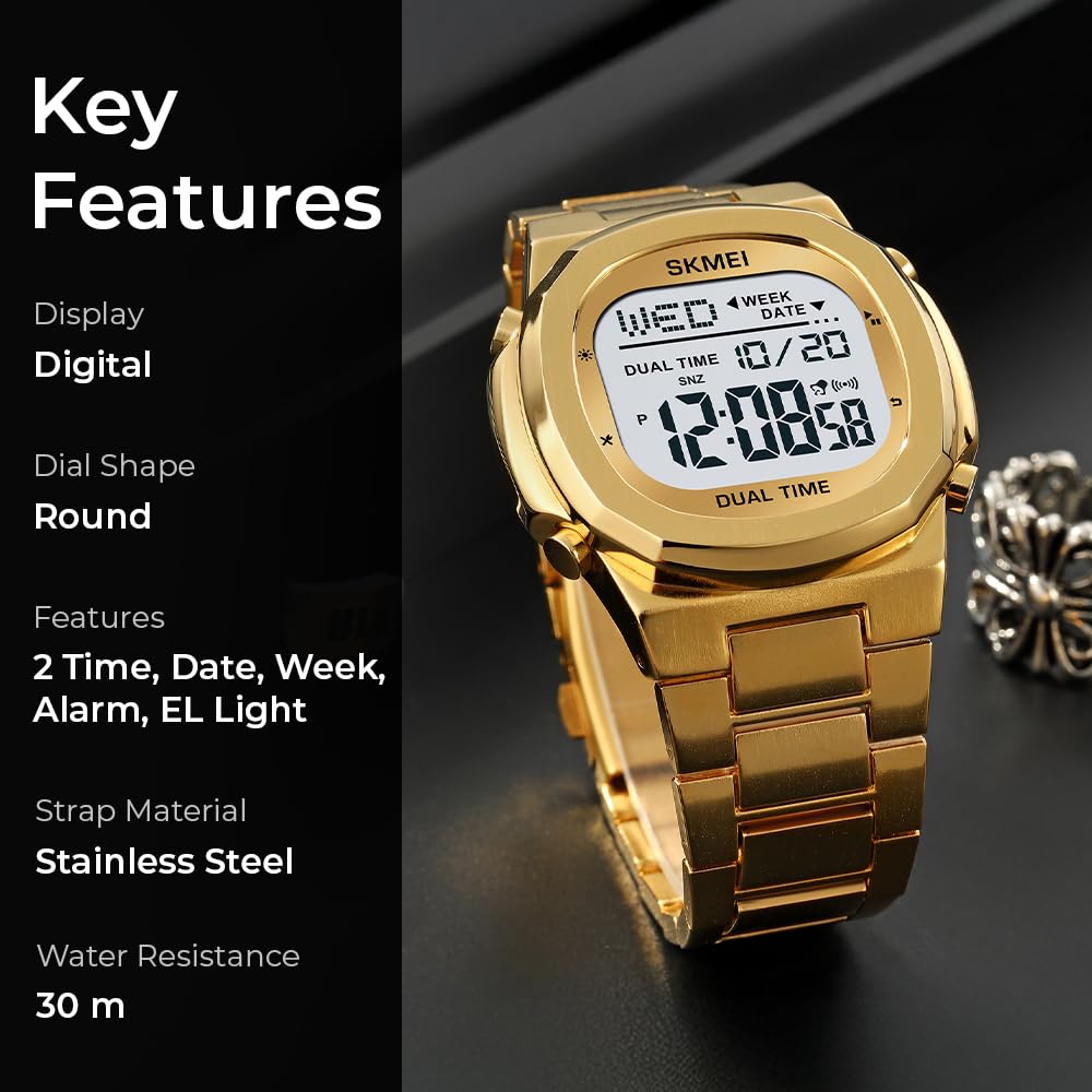 Premium Digital Sports Watch for Men with Stainless Steel Strap, Waterproof Style Wrist Watch for Casual Outdoor and Daily Wear