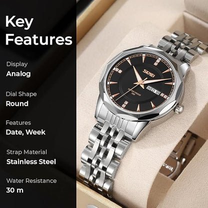 Minimalist Stainless Steel Watch with Date Week Display Simple dial Push-Button Clasp