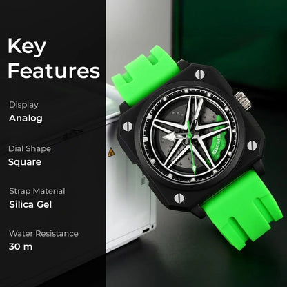 Silicone Men’s Analog Quartz Sports Watch Waterproof & Trendy Wheels Rolling Design