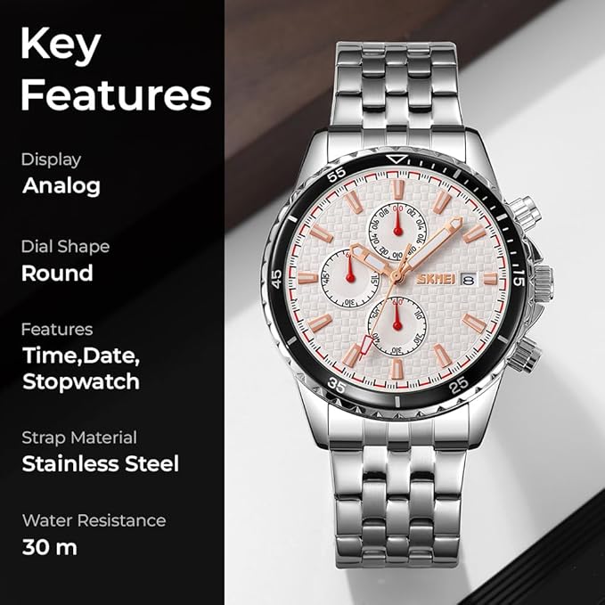 Men’s Analog Chronograph Watch with Date Display, Stainless Steel Strap, White Dial – Luxury Casual & Formal Wear