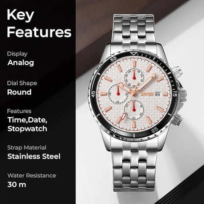 Men’s Analog Chronograph Watch with Date Display, Stainless Steel Strap, White Dial – Luxury Casual & Formal Wear