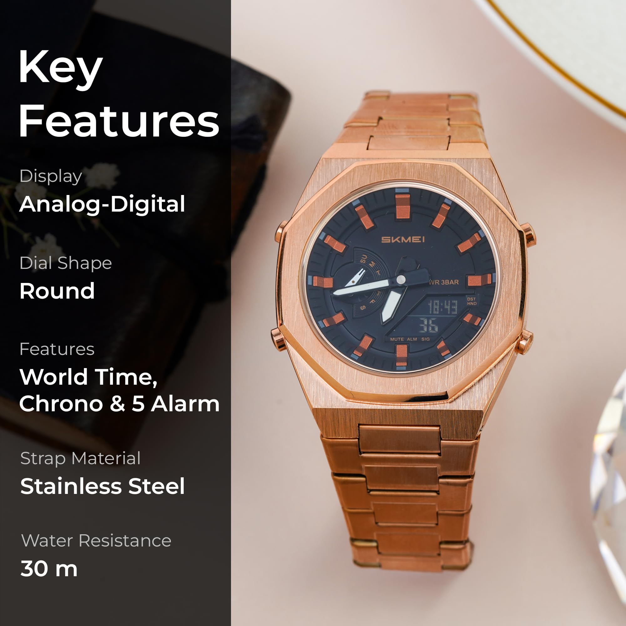 Analog-Digital Watch for Men with Rose Gold Metal Strap and Round Dial for Casual & Formal Wear