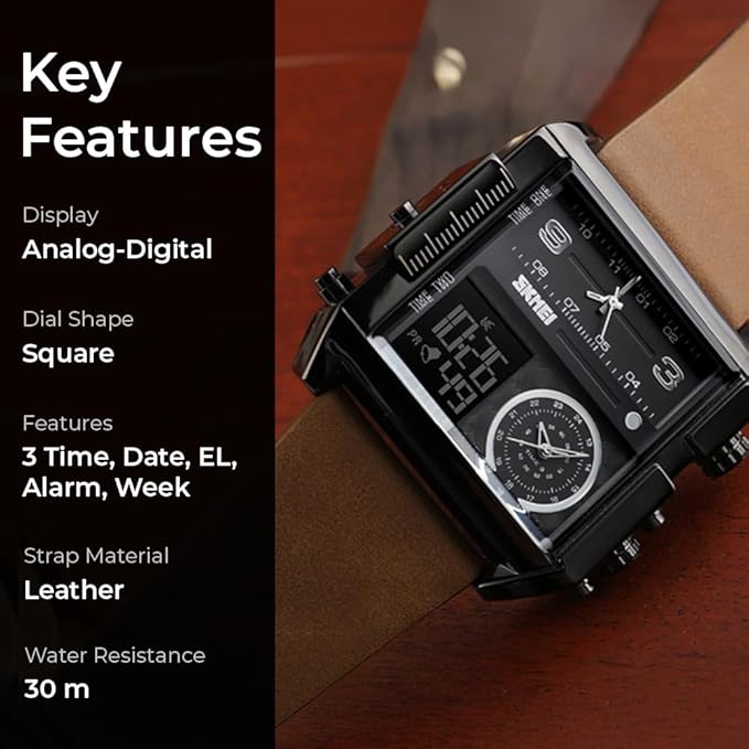 Multi Display Analog Digital Wrist Watch with Leather Strap For Men