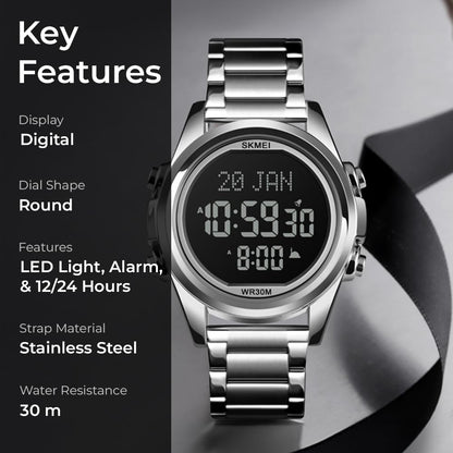 Digital Display White Dial Zinc Alloy Men's Stainless Steel Black Color Stylish Watch