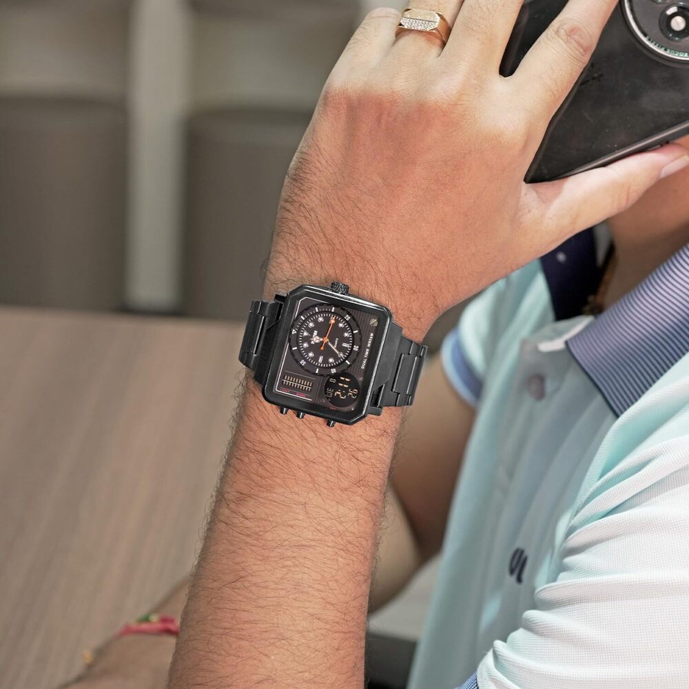 Dual Display Square Dial Wrist Watch with Metal Strap For Men
