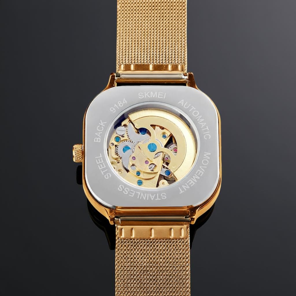 Skeleton Automatic Mechanical Watch for Men with Square Dial and Mesh Strap