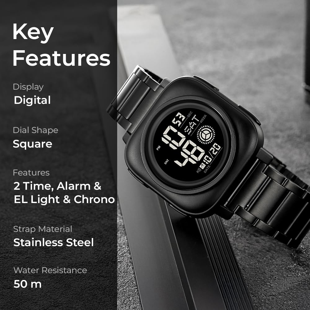 Digital Watch for Kids with Black Stainless Steel Strap and Round Dial for Casual & Formal Wear