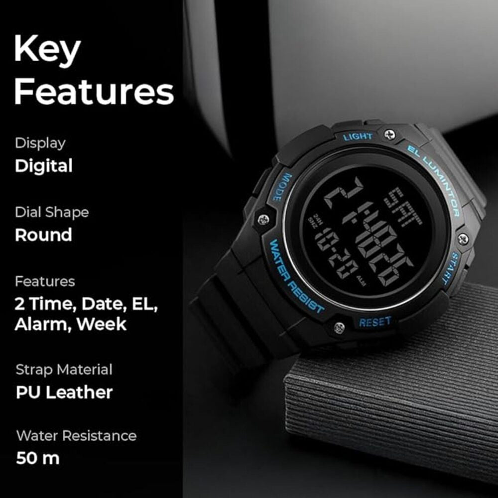 Digital Sports Wrist Watch with Large Display and Resin Strap For Men
