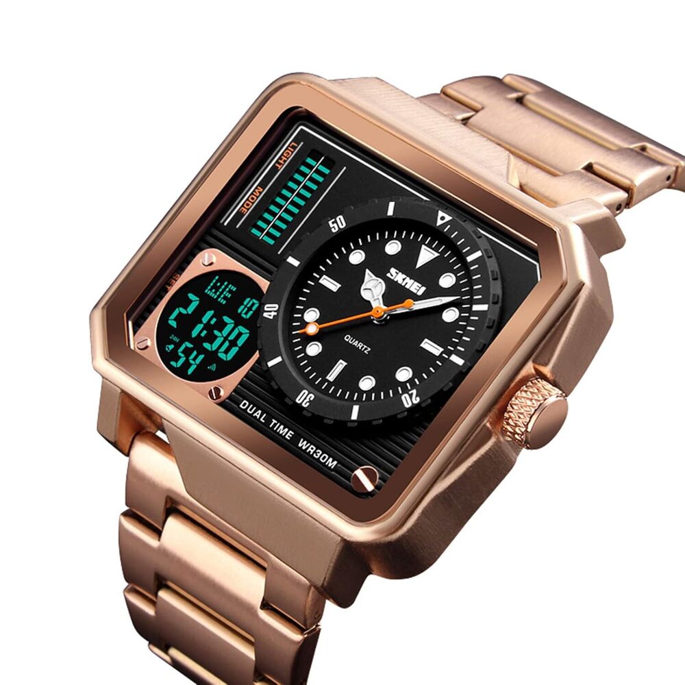 Dual Display Square Dial Wrist Watch with Metal Strap For Men