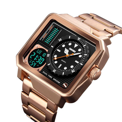 Dual Display Square Dial Wrist Watch with Metal Strap For Men