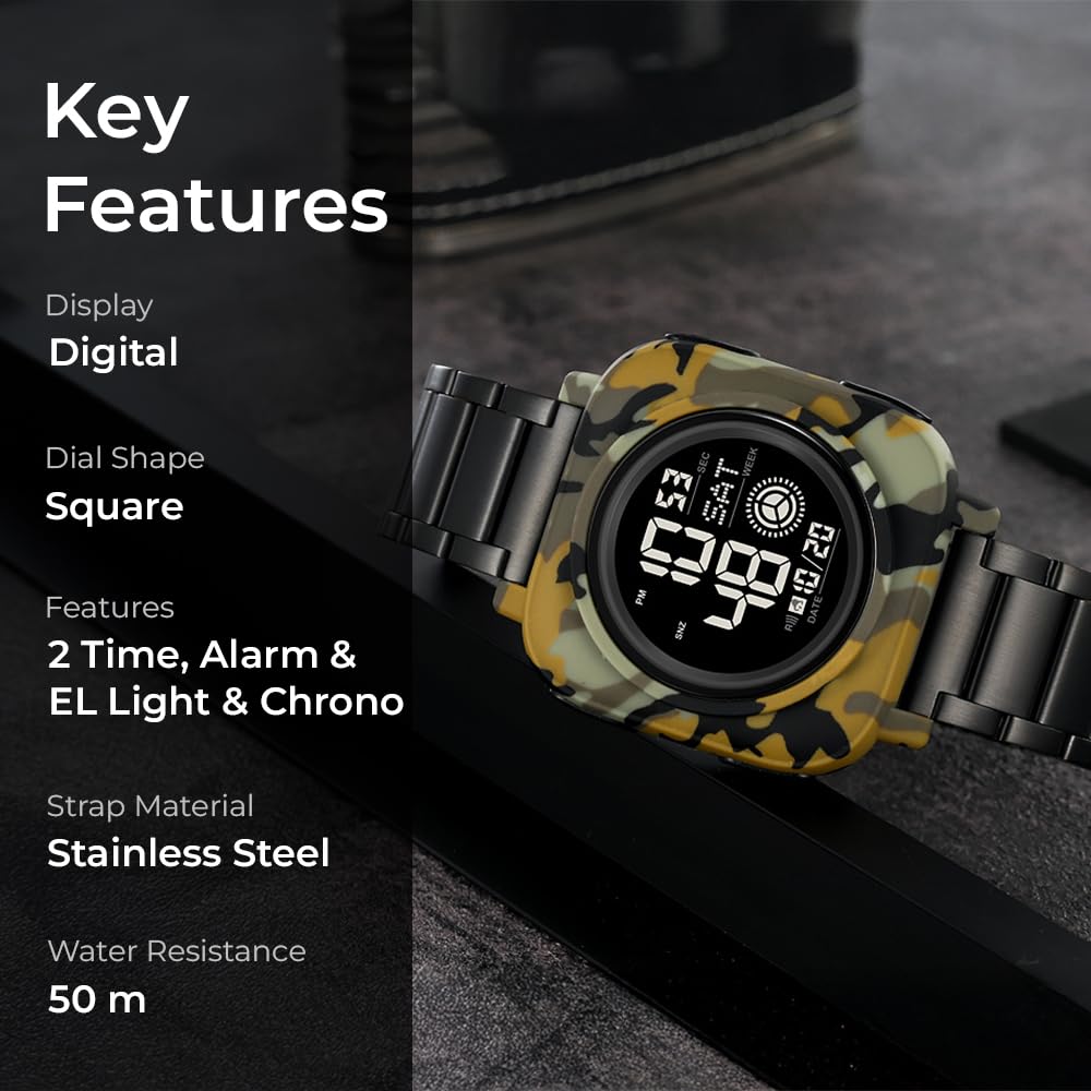 Square Digital Wrist Watch with Metal Strap