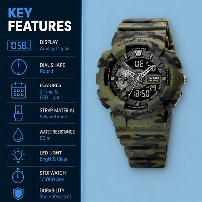 Analog-Digital Sports Watch Multifunction LED Display Alarm, Stopwatch, Day-Date Water Resistant Durable Watch for Boys & Girls