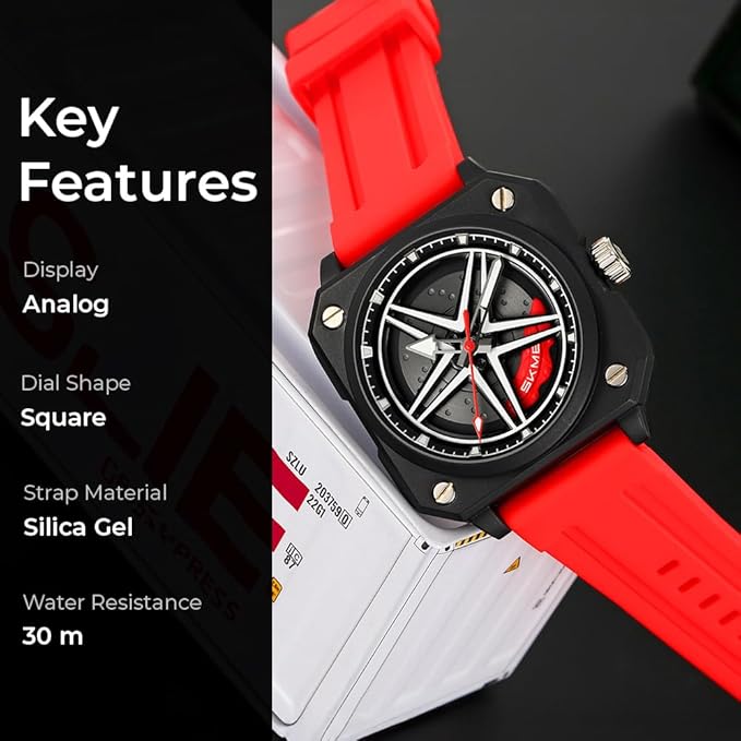 Silicone Men’s Analog Quartz Sports Watch Waterproof & Trendy Wheels Rolling Design