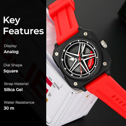 Silicone Men’s Analog Quartz Sports Watch Waterproof & Trendy Wheels Rolling Design