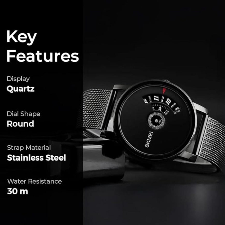 Digital Watch for Men with Black Mesh Belt Metal Strap and Round Dial for Casual & Formal Wear