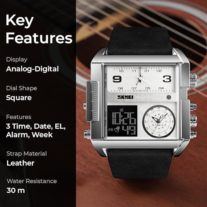 Multi Display Analog Digital Wrist Watch with Leather Strap For Men