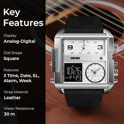 Multi Display Analog Digital Wrist Watch with Leather Strap For Men