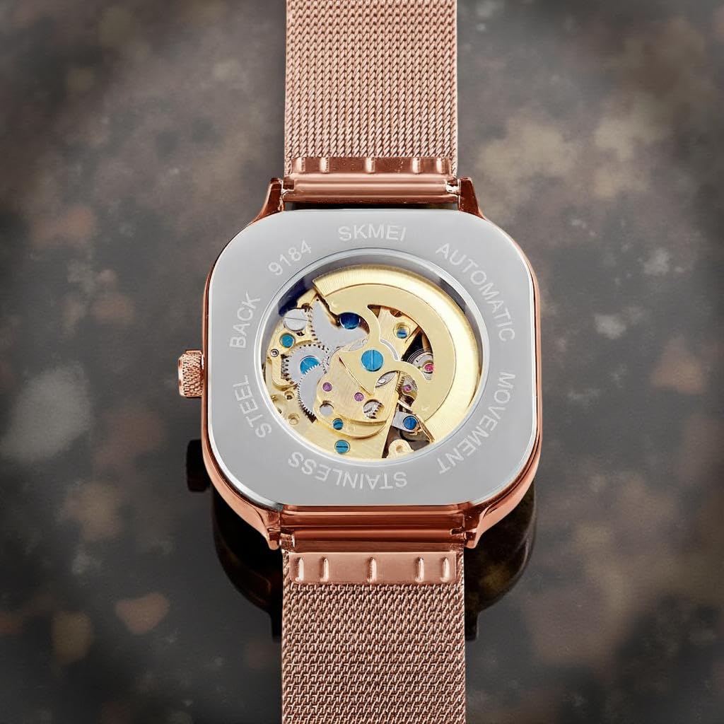 Skeleton Automatic Mechanical Watch for Men with Square Dial and Mesh Strap