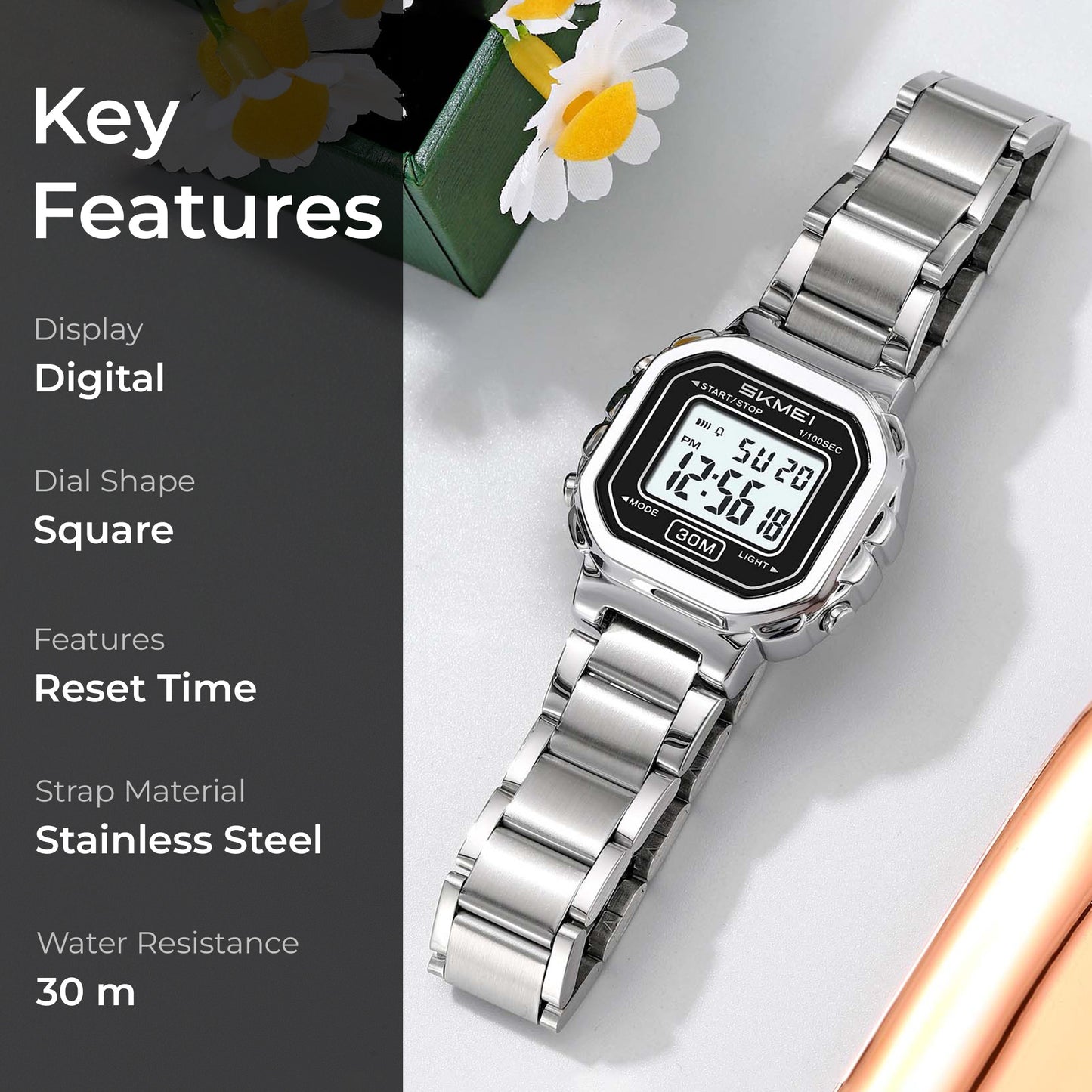 Skmei Digital Dial Stainless Steel Strap Watch for Women - 2387