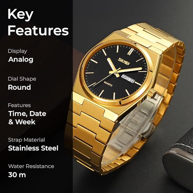 Men's Analog Quartz Stainless Steel Watch All-in-one Fashion, Water Resistant, Supply Calendar Week