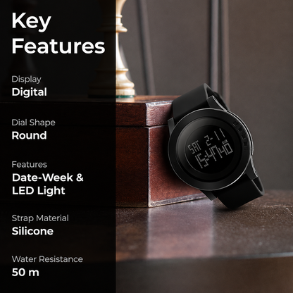 Digital Watch for Men with Black Silicone Strap and Round Dial for Casual & Formal Wear