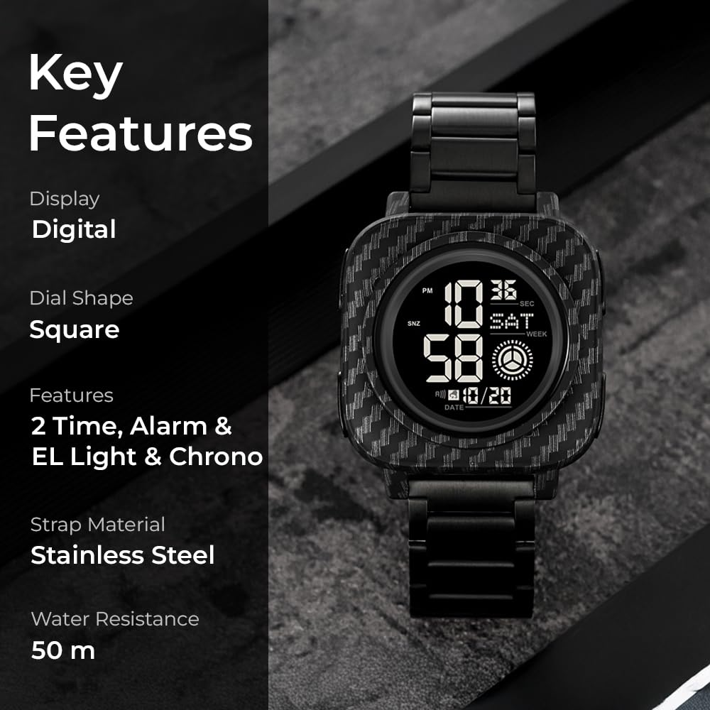 Digital Watch for Men with Black Stainless Steel Strap and Round Dial for Casual & Formal Wear