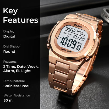 Premium Digital Sports Watch for Men with Stainless Steel Strap, Waterproof Style Wrist Watch for Casual Outdoor and Daily Wear