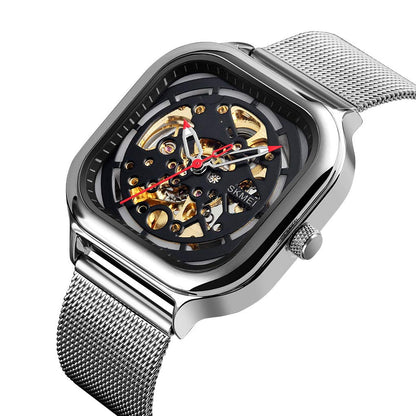 Skeleton Automatic Mechanical Watch for Men with Square Dial and Mesh Strap
