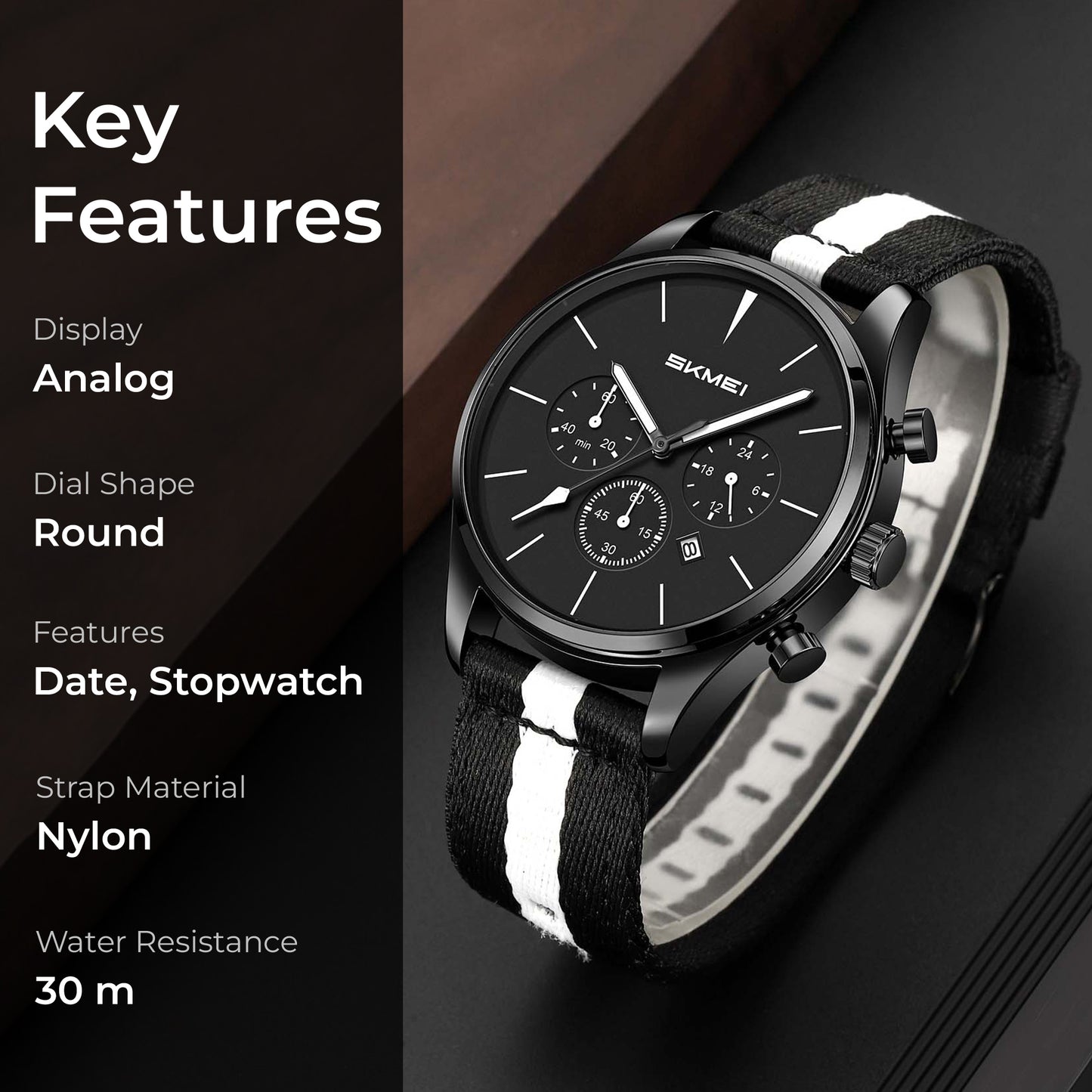 Skmei Quartz Analog Black Dial Zinc Alloy Case Nylon Strap Watch for Men - 2367