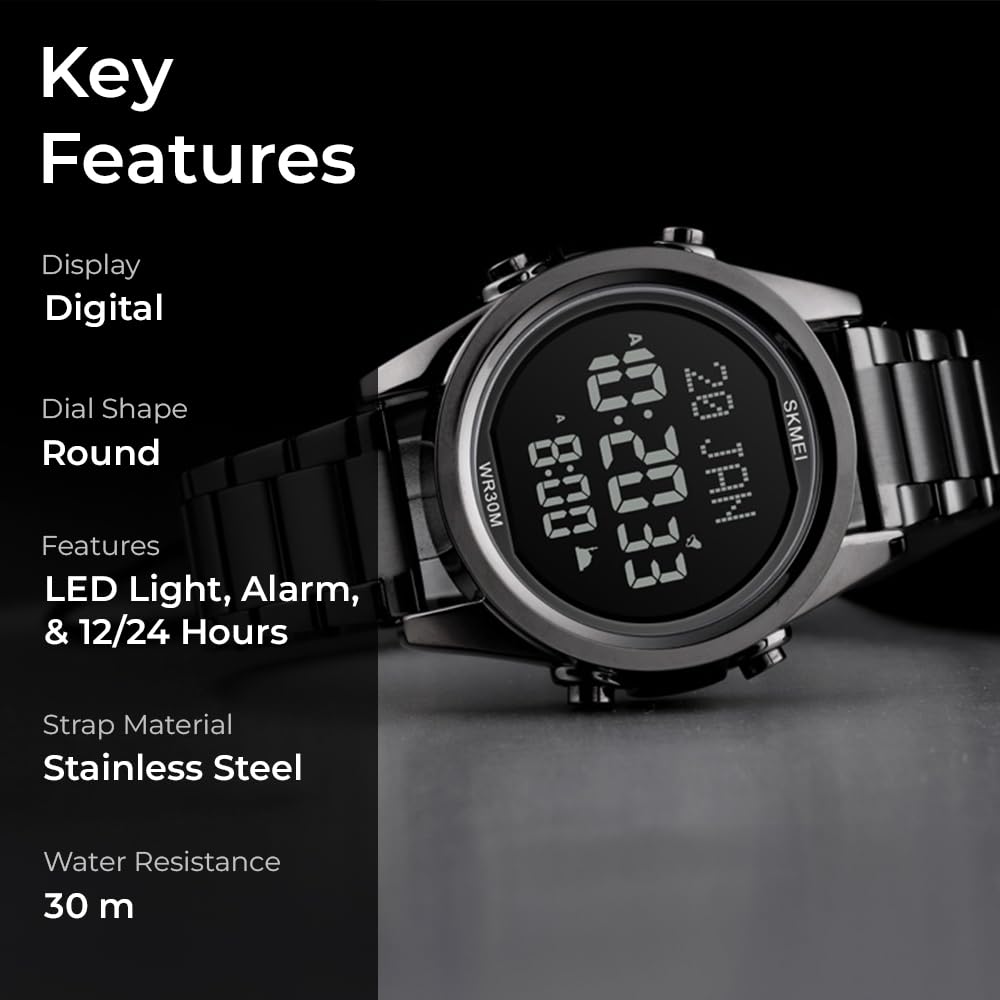 Digital Display White Dial Zinc Alloy Men's Stainless Steel Black Color Stylish Watch