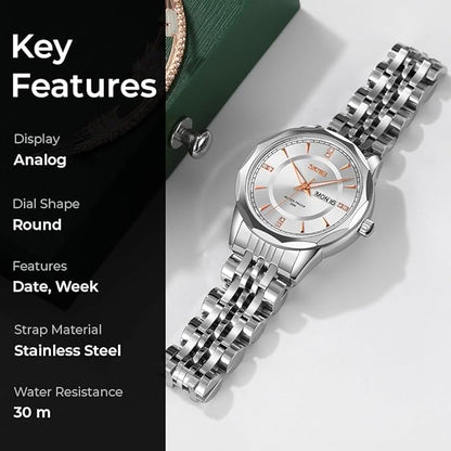 Minimalist Stainless Steel Watch with Date Week Display Simple dial Push-Button Clasp