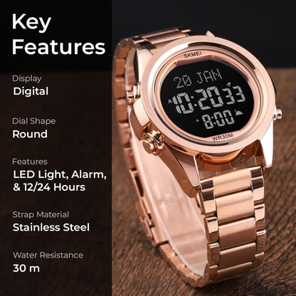 Digital Display White Dial Zinc Alloy Men's Stainless Steel Black Color Stylish Watch