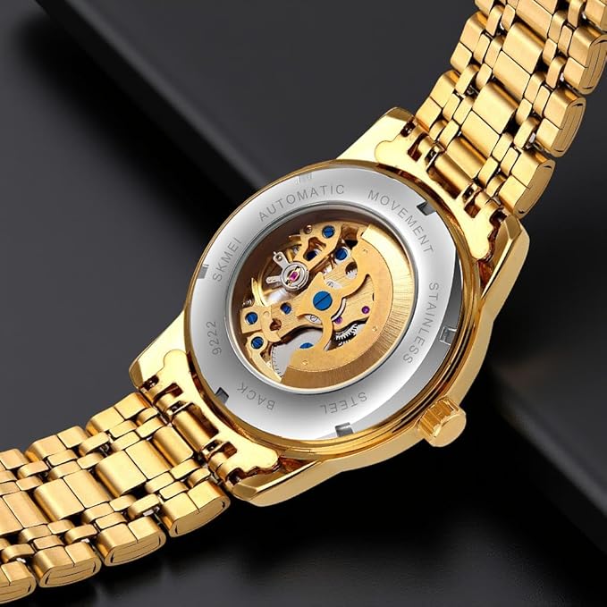 Luxury Skeleton Automatic Watch for Men Black Stainless Steel Strap, Blue Dial with Roman Numerals, Transparent Mechanical Design