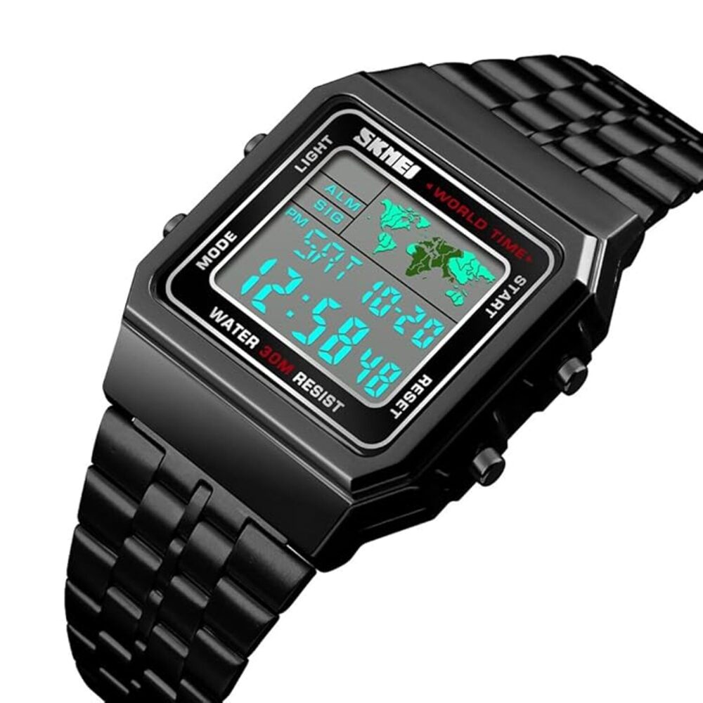 Vintage Digital Wrist Watch with Metal Strap and World Time Display For Men